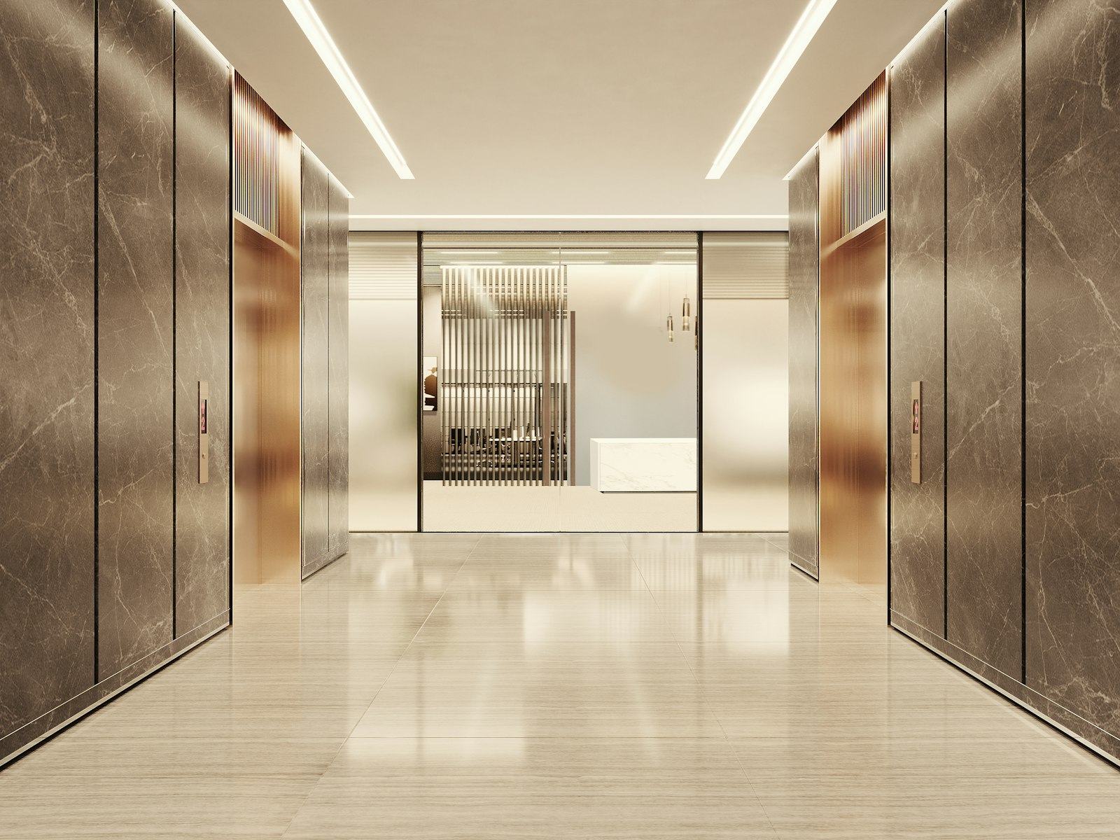 Hall d'entrée d'immeuble avec ascenseurs